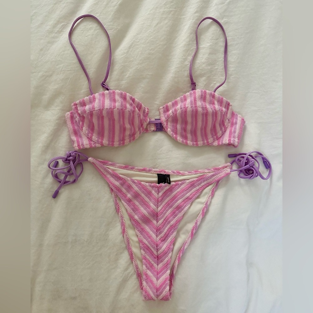 TRIANGL Lotus Terry Toweling Pink/Purple Stripe Mala Top Cheeky Bikini Set